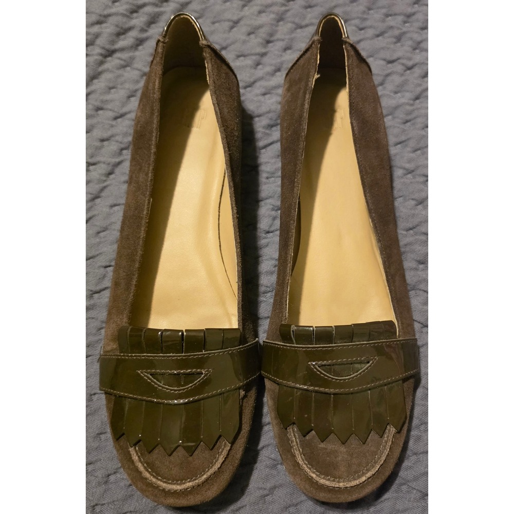 Gap Brown Suede Kiltie Penny Loafers Patent Leather Trim Flats Made in Brazil 8